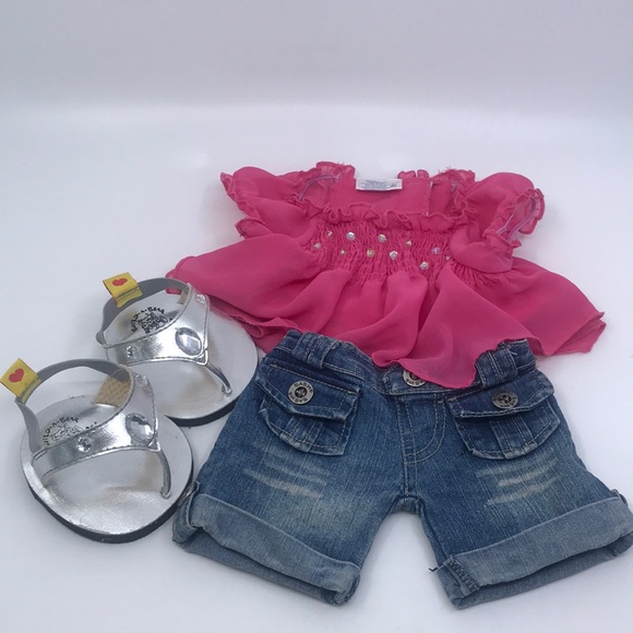 Build A Bear Outfit Pink Chiffon Top, Jeans and Jewelled Metallic Sandals - Picture 1 of 7